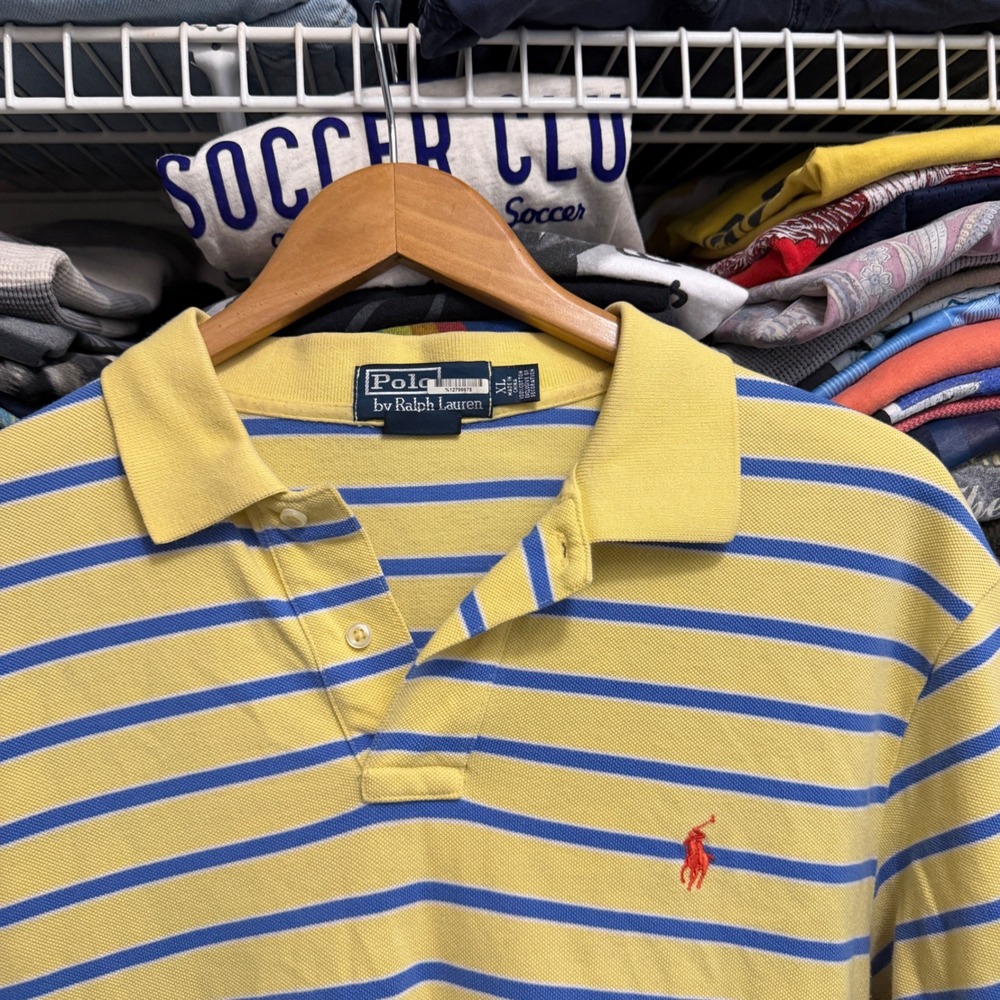 Polo Ralph Lauren Polo Shirt Mens XL Yellow Striped Custom Fit Short Sleeve Pony